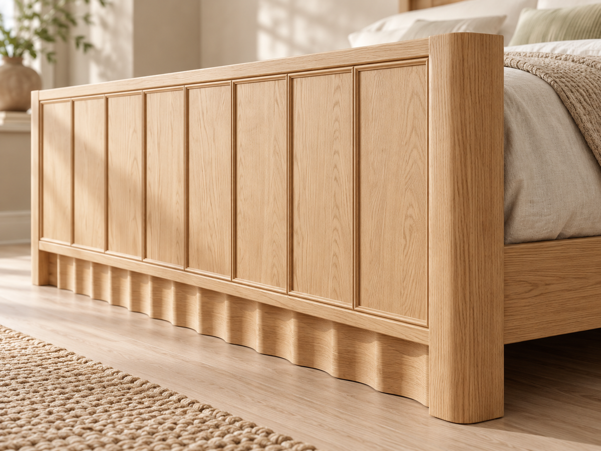 Rendered Orlando Panel Bed in Nordic White Oak — wave plinth macro. Additional furniture, bedding and decor shown for styling.