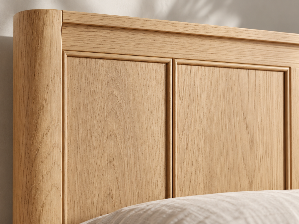 Rendered Orlando Panel Bed in Nordic White Oak — panel oak macro. Additional furniture, bedding and decor shown for styling.
