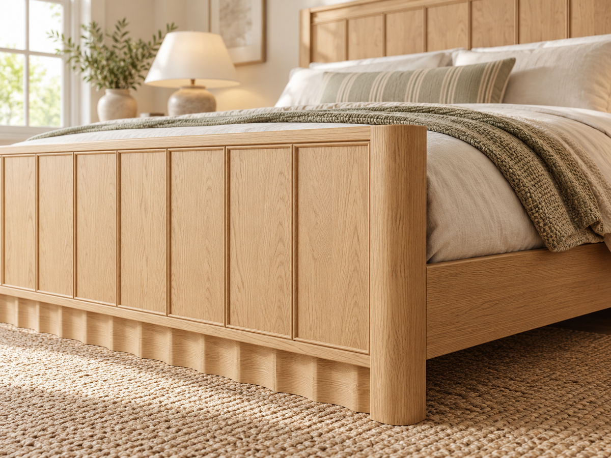 Rendered Orlando Panel Bed in Nordic White Oak — footboard corner. Additional furniture, bedding and decor shown for styling.