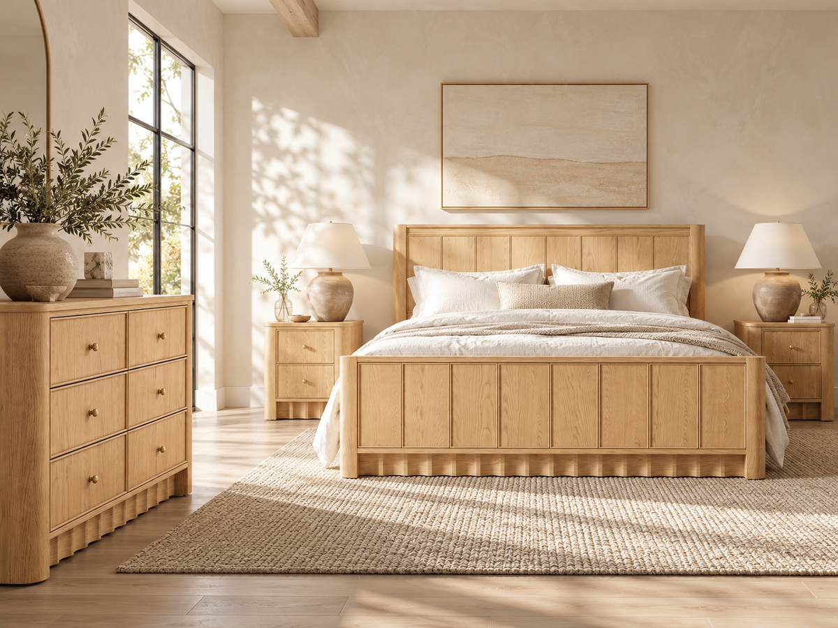 Rendered Orlando Panel Bed in Nordic White Oak — full set limewash. Additional furniture, bedding and decor shown for styling.