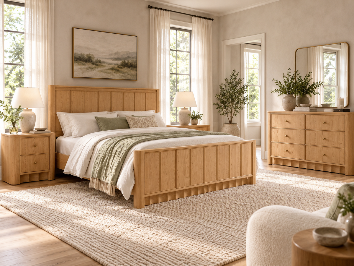Rendered Orlando Panel Bed in Nordic White Oak — full set bright. Additional furniture, bedding and decor shown for styling.