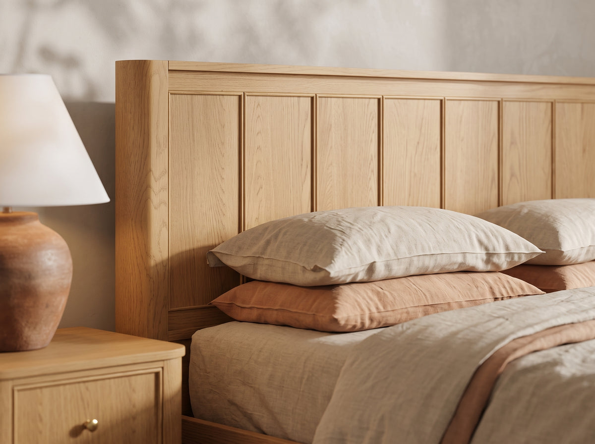 Orlando bed headboard detail in Nordic White Oak