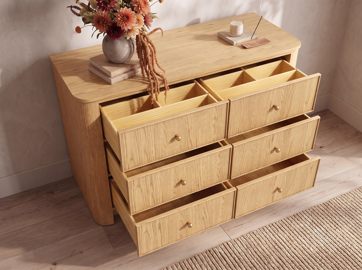 Orlando six-drawer dresser with drawers open