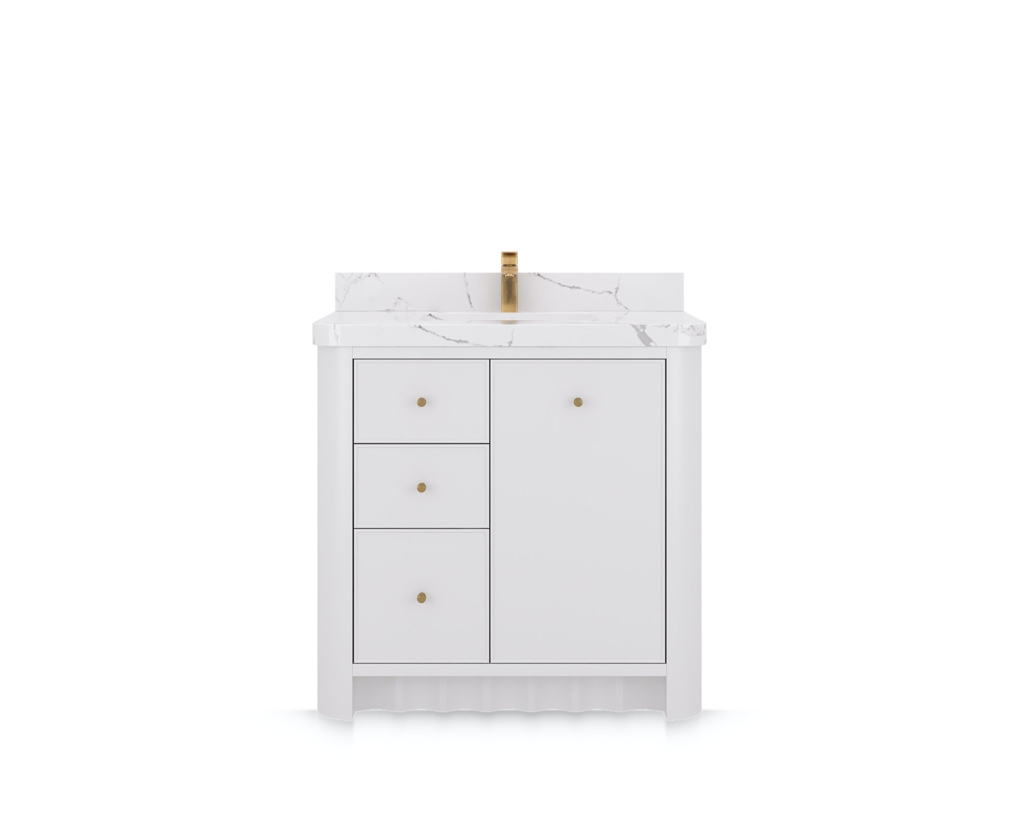 Orlando 36 in. center sink bathroom vanity in White, front view on a white background