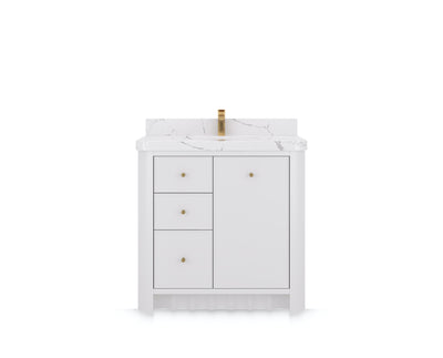 Orlando 36 in. center sink bathroom vanity in White, front view on a white background