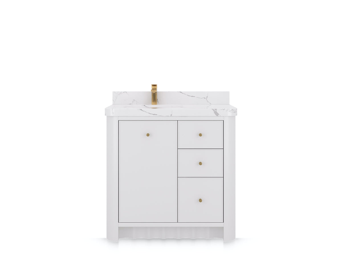 Orlando 36 in. left offset sink bathroom vanity in White, front view on a white background