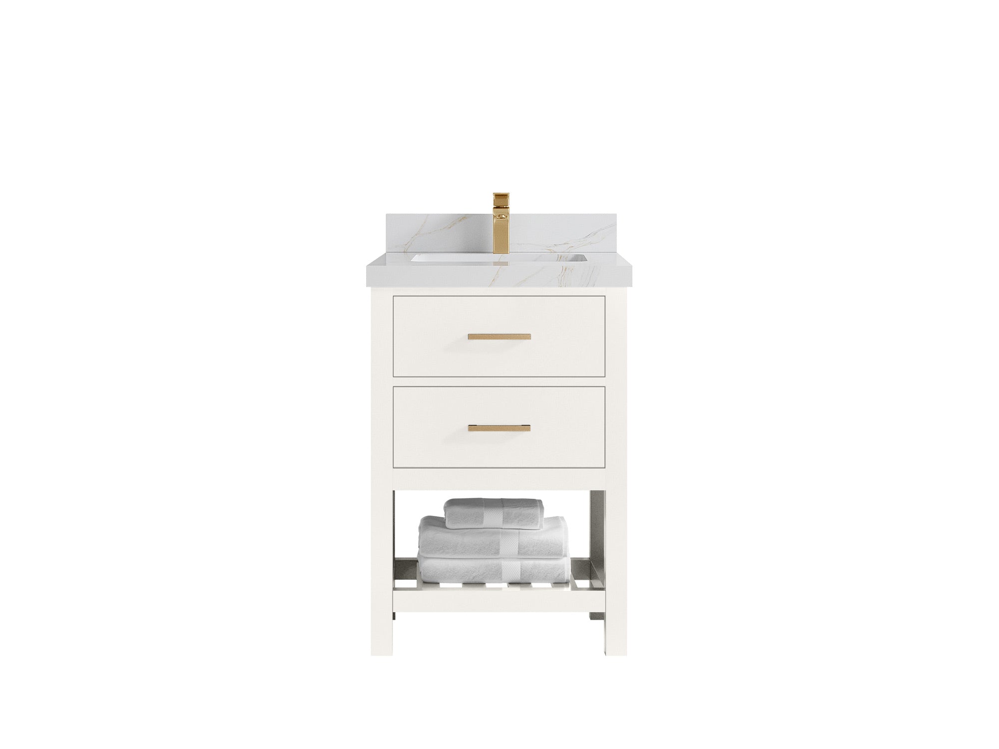 Parker 24-inch bathroom vanity in warm white with a white countertop featuring fine gold and gray veining, front view