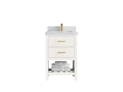 Parker 24-inch bathroom vanity in warm white with a white countertop featuring fine gold and gray veining, front view