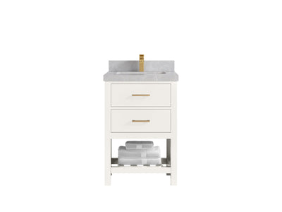 Parker 24-inch bathroom vanity in warm white with a light gray cloudy-pattern countertop, front view