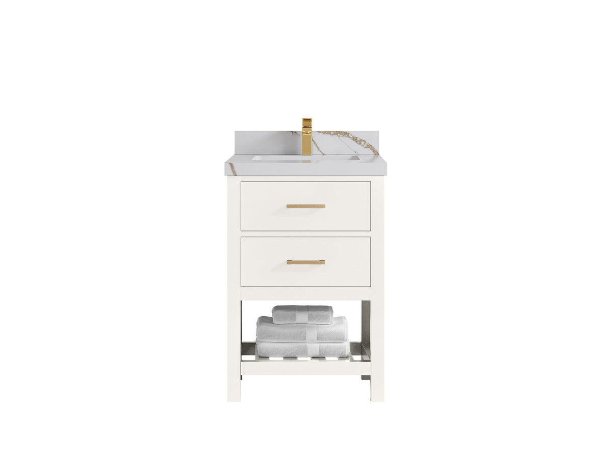 Parker 24-inch bathroom vanity in warm white with a white countertop featuring bold gold and gray veining, front view