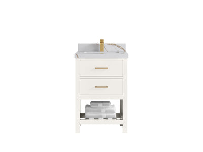 Parker 24-inch bathroom vanity in warm white with a white countertop featuring bold gold and gray veining, front view