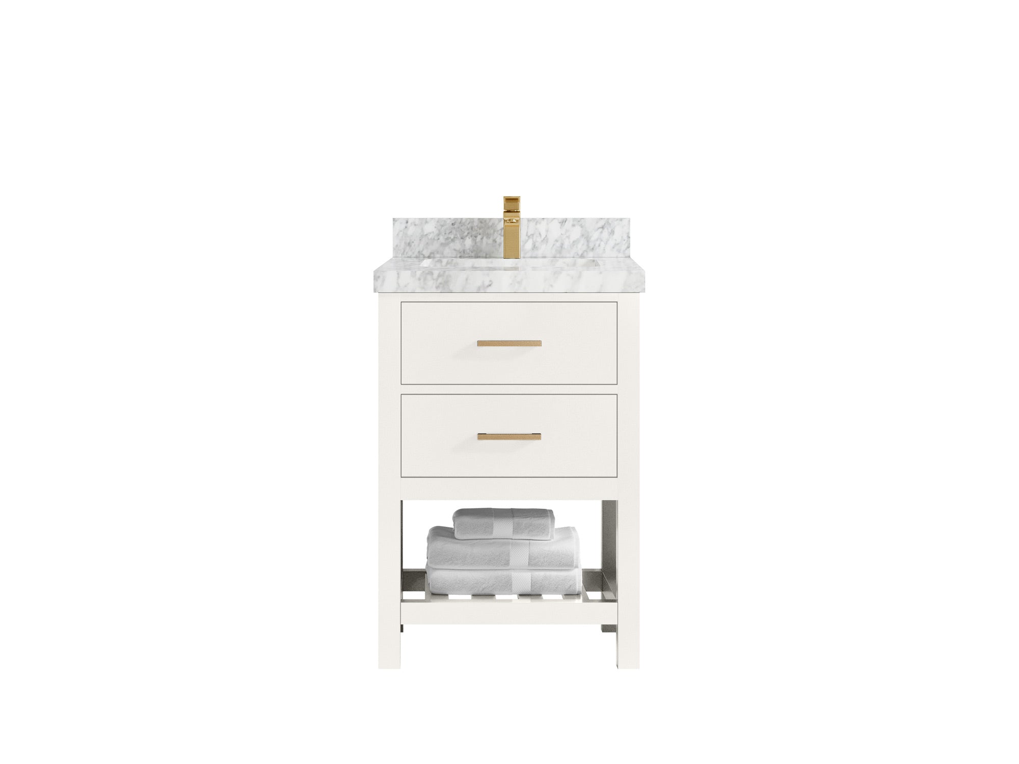 Parker 24-inch bathroom vanity in warm white with a white countertop featuring a dense gray pattern, front view