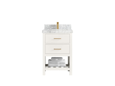 Parker 24-inch bathroom vanity in warm white with a white countertop featuring a dense gray pattern, front view
