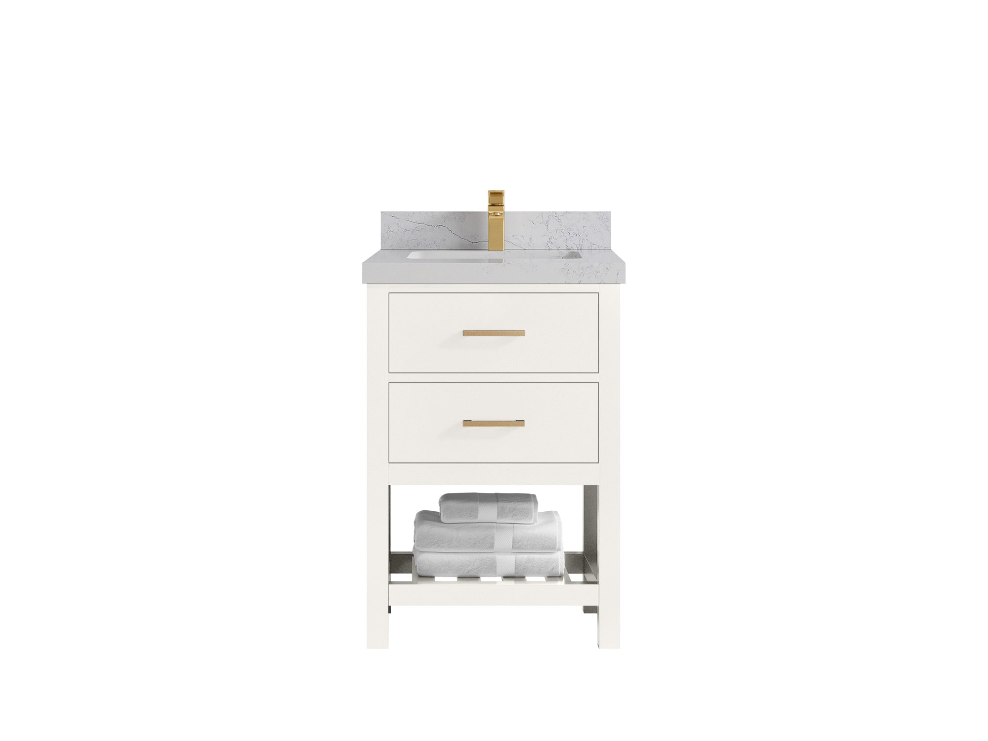 Parker 24-inch bathroom vanity in warm white with a white countertop featuring fine gray veining, front view