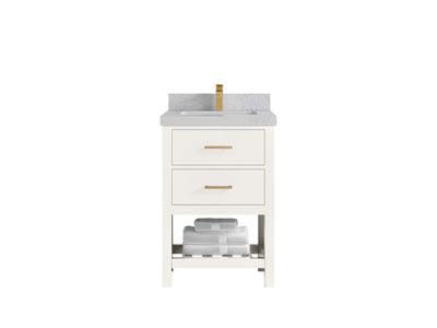Parker 24-inch bathroom vanity in warm white with a white countertop featuring fine gray veining, front view