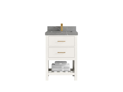 Parker 24-inch bathroom vanity in warm white with a dark gray countertop and white diagonal vein, front view