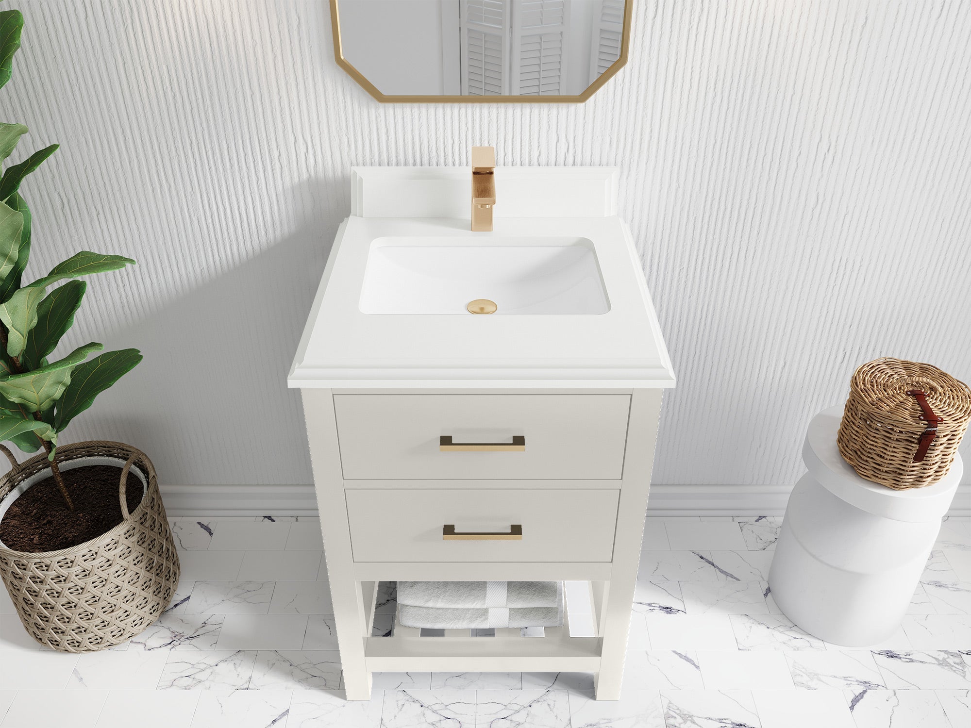 Parker 24-inch bathroom vanity in Alabaster with double-cove White Quartz countertop