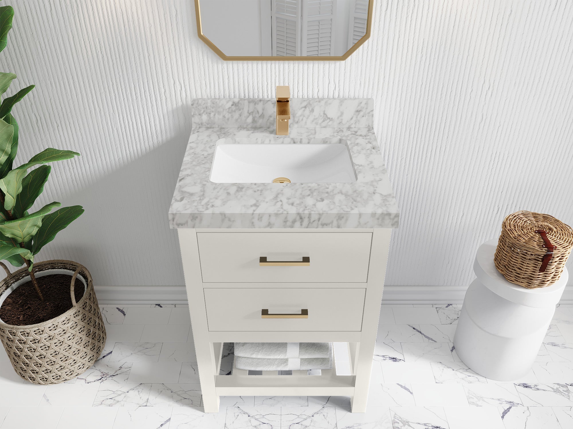 Parker 24-inch bathroom vanity in Alabaster with Carrara Marble countertop