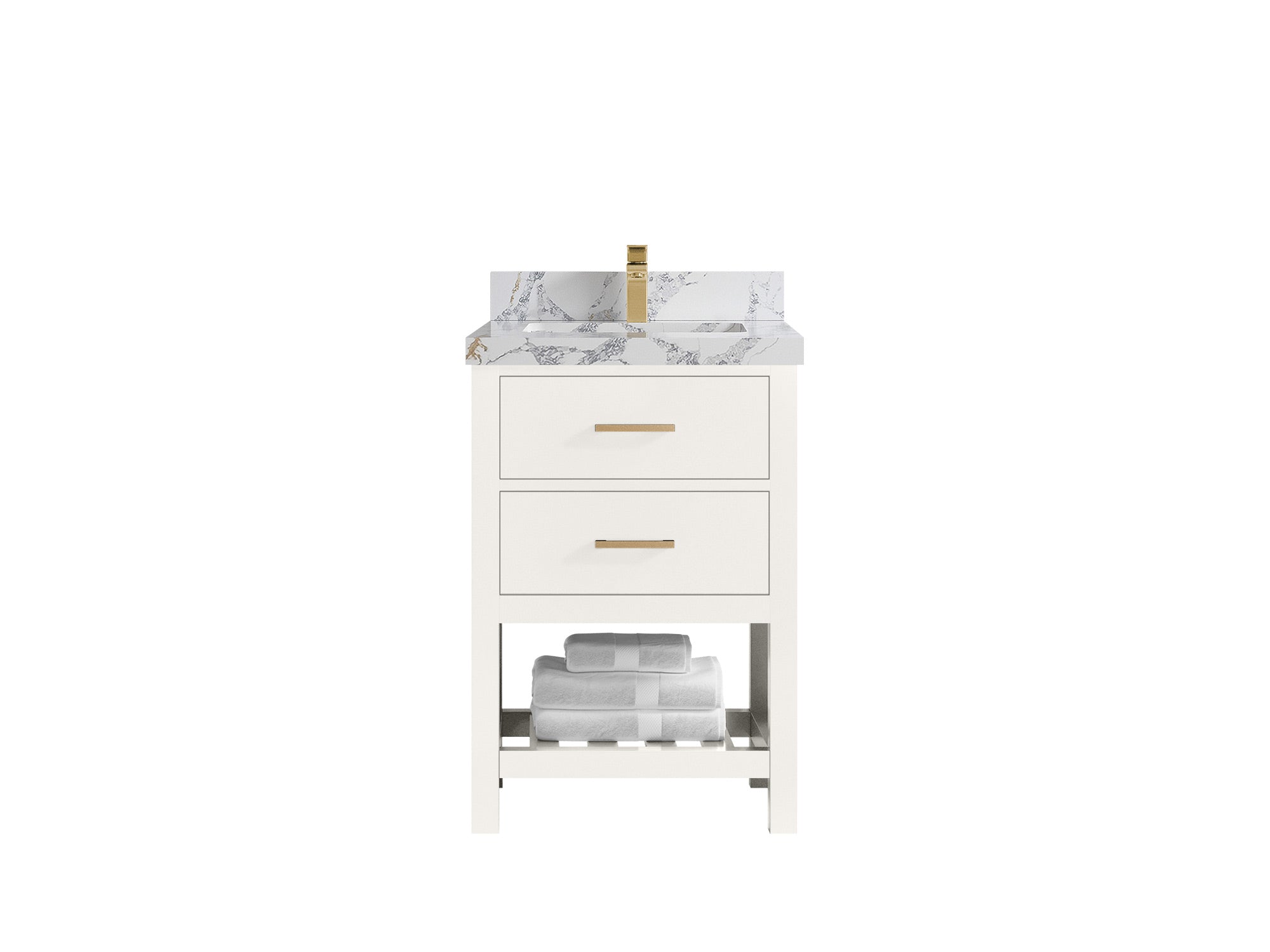 Parker 24-inch bathroom vanity in warm white with a white countertop featuring bold dark gray and gold veining, front view