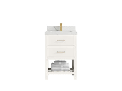 Parker 24-inch bathroom vanity in warm white with a white countertop featuring a bold gray vein, front view