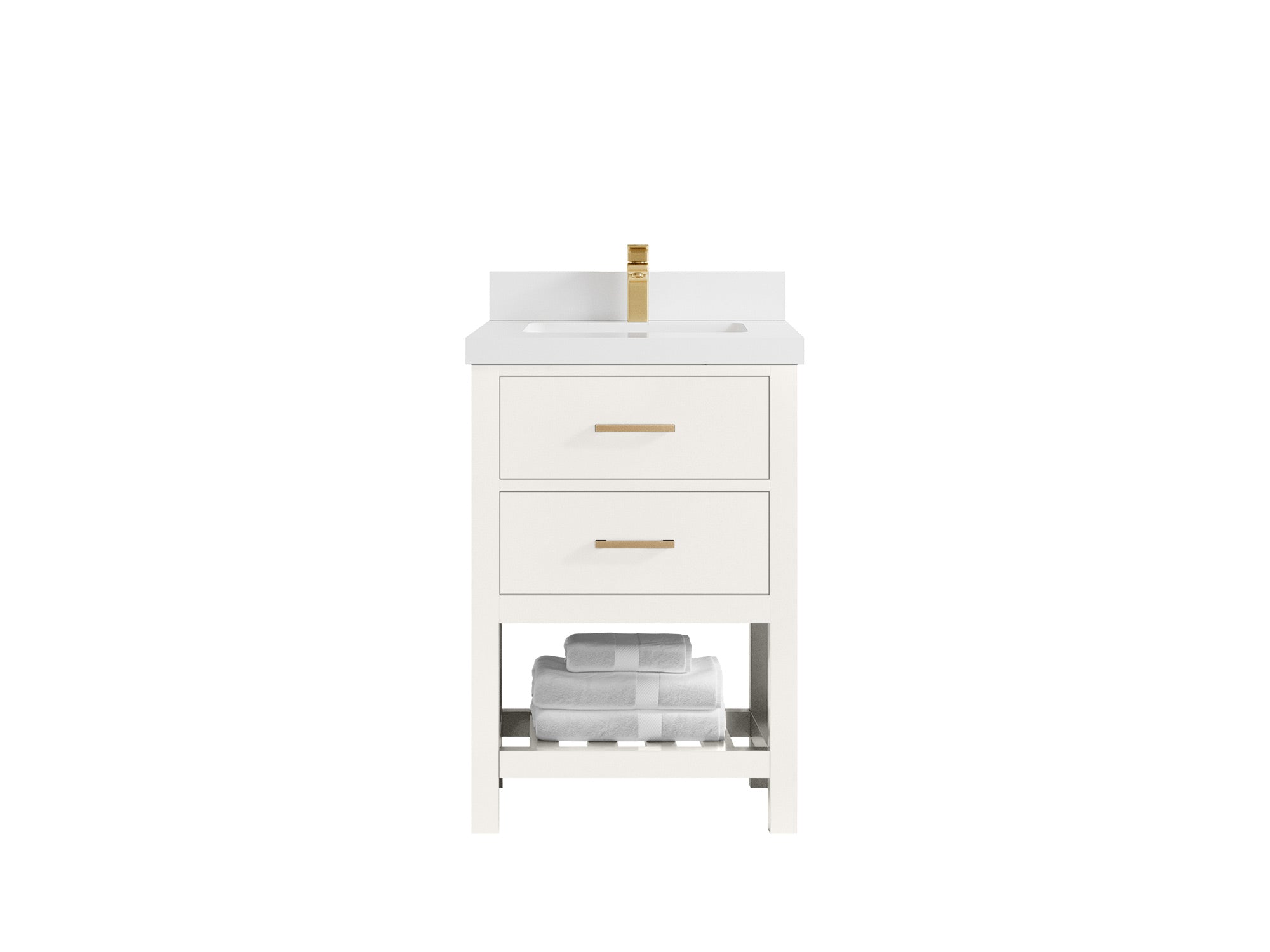 Parker 24-inch bathroom vanity in warm white with a solid white countertop, front view