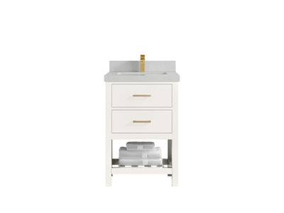 Parker 24-inch bathroom vanity in warm white with a pale gray subtly patterned countertop, front view