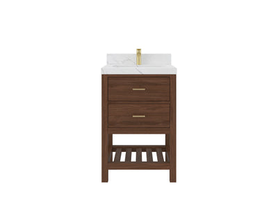 Parker Teak Wood 24-inch bathroom vanity with white veined countertop, front product view