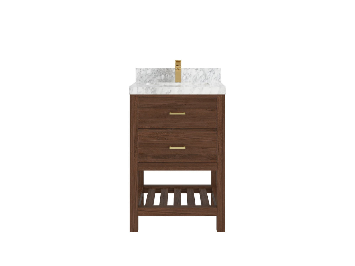 Parker Teak Wood 24-inch bathroom vanity in Dark Walnut Teak with Carrara Marble countertop