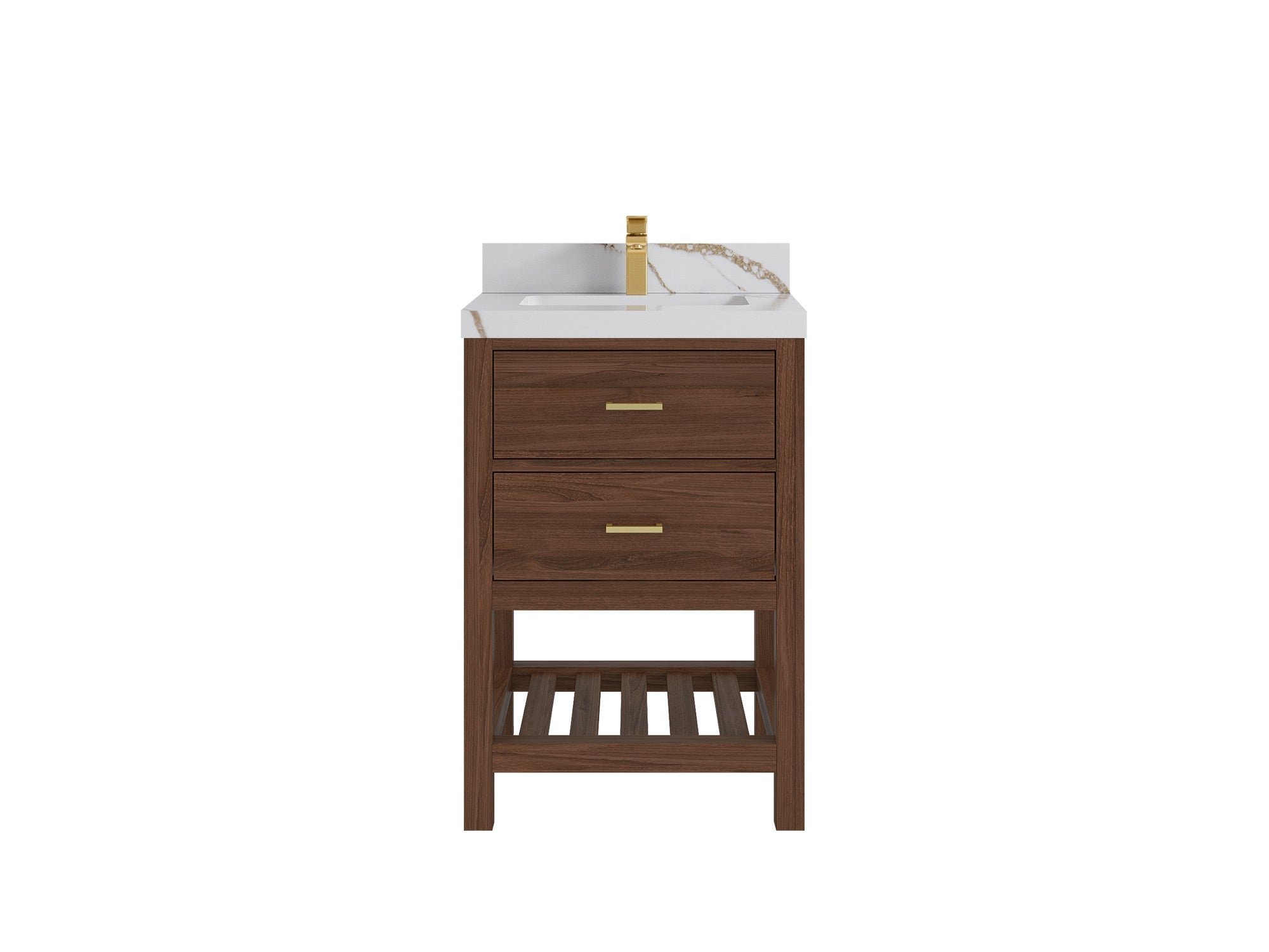Parker Teak Wood 24-inch bathroom vanity in Dark Walnut Teak with Calacatta Gold Quartz countertop