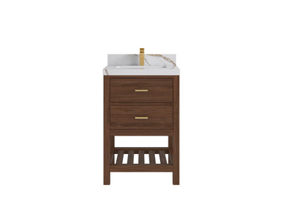 Parker Teak Wood 24-inch bathroom vanity in Dark Walnut Teak with Calacatta Gold Quartz countertop