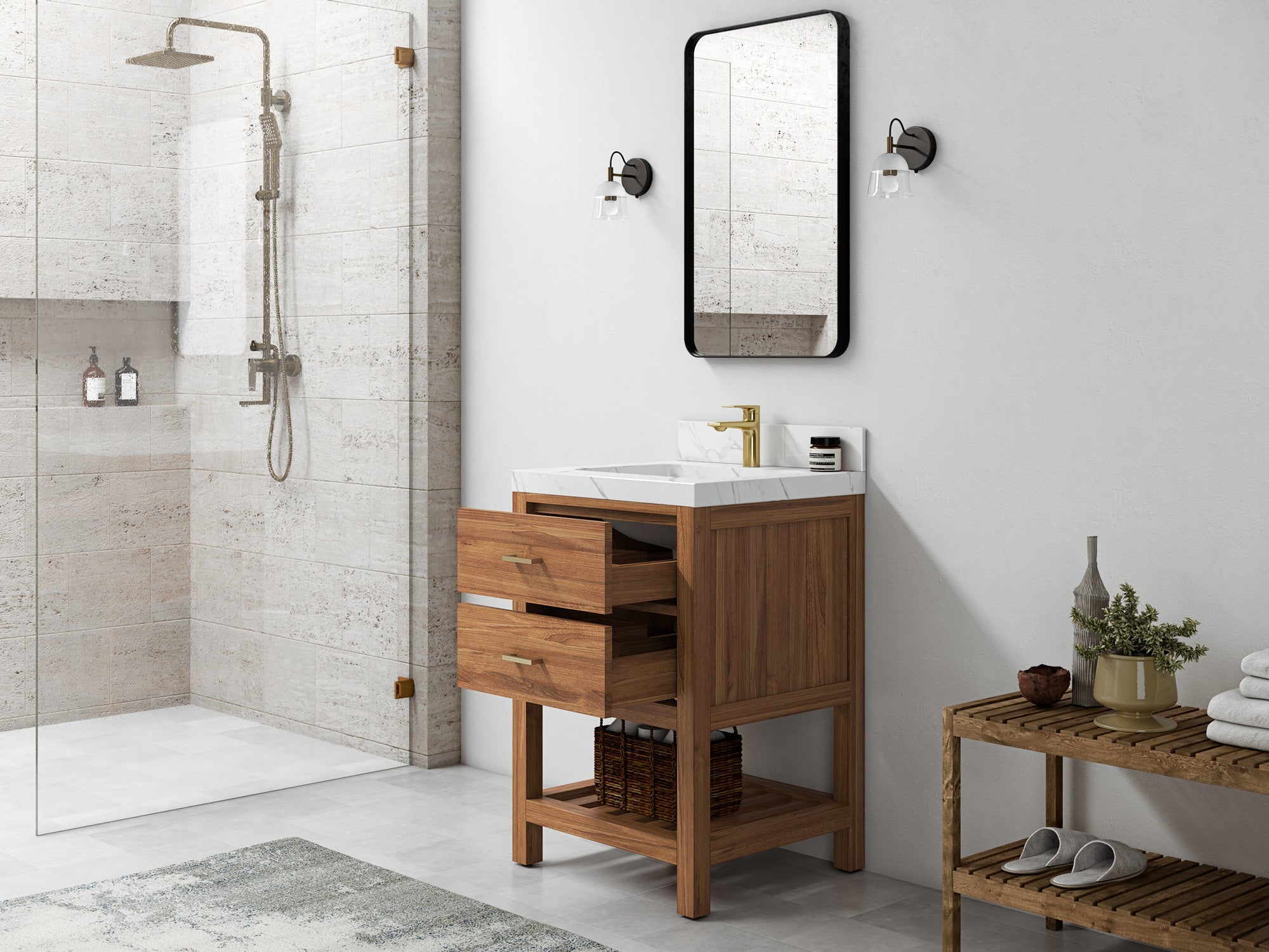 Parker Teak Wood 24 in. W x 22 in. D Single Sink Bathroom Vanity - Willow Bath and Vanity