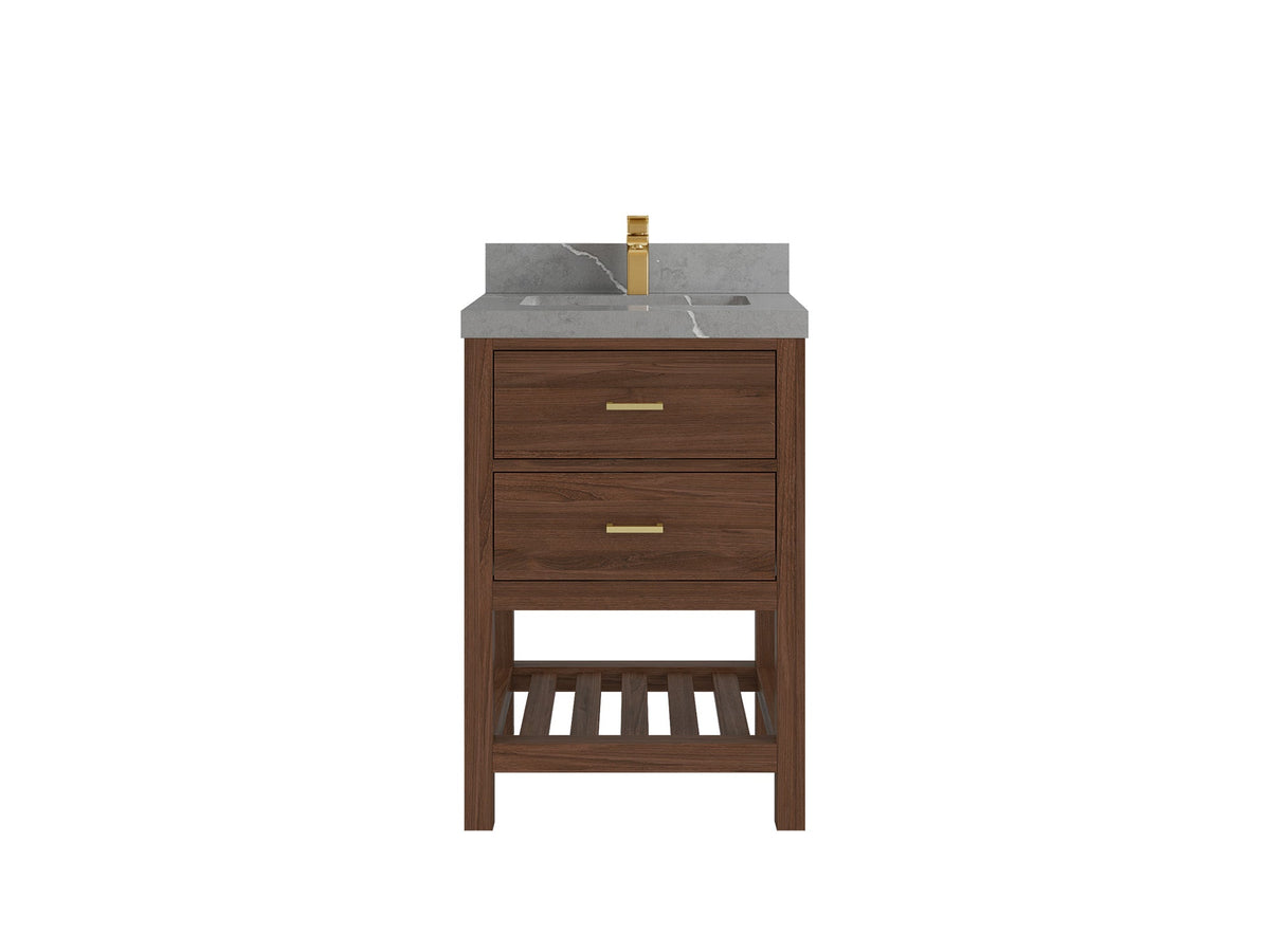 Parker Teak Wood 24-inch bathroom vanity in Dark Walnut Teak with Piatra Gray Quartz countertop
