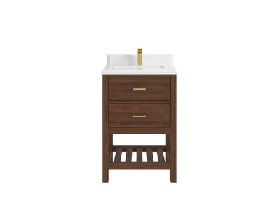 Parker Teak Wood 24-inch bathroom vanity in Dark Walnut Teak with double-cove White Quartz countertop