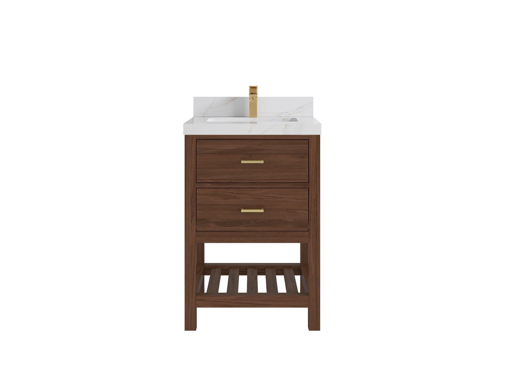 Parker Teak Wood 24-inch bathroom vanity in Dark Walnut Teak with Calacatta Sienna Quartz countertop