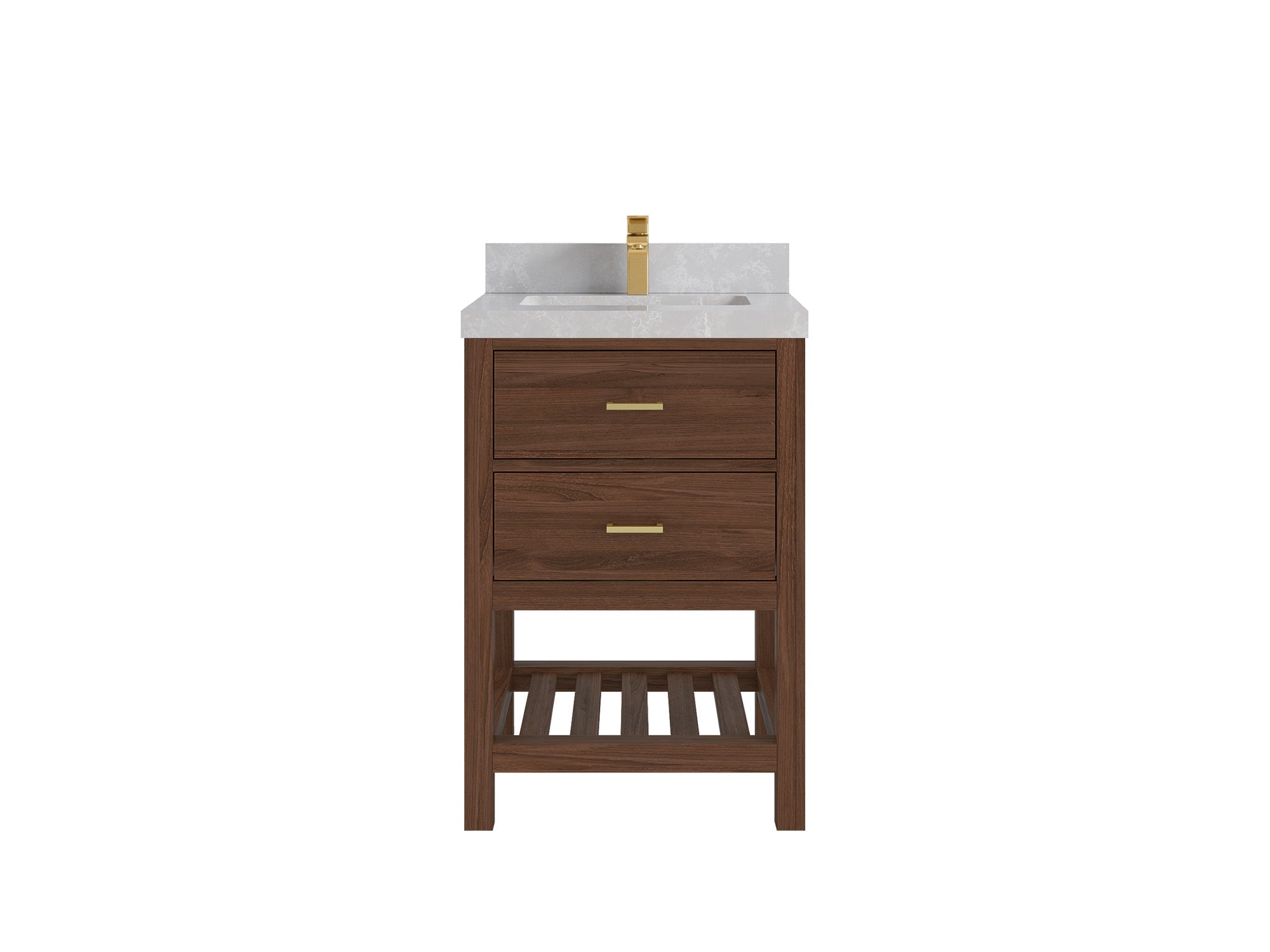 Parker Teak Wood 24-inch bathroom vanity in Dark Walnut Teak with Pearl Light Gray Quartz countertop