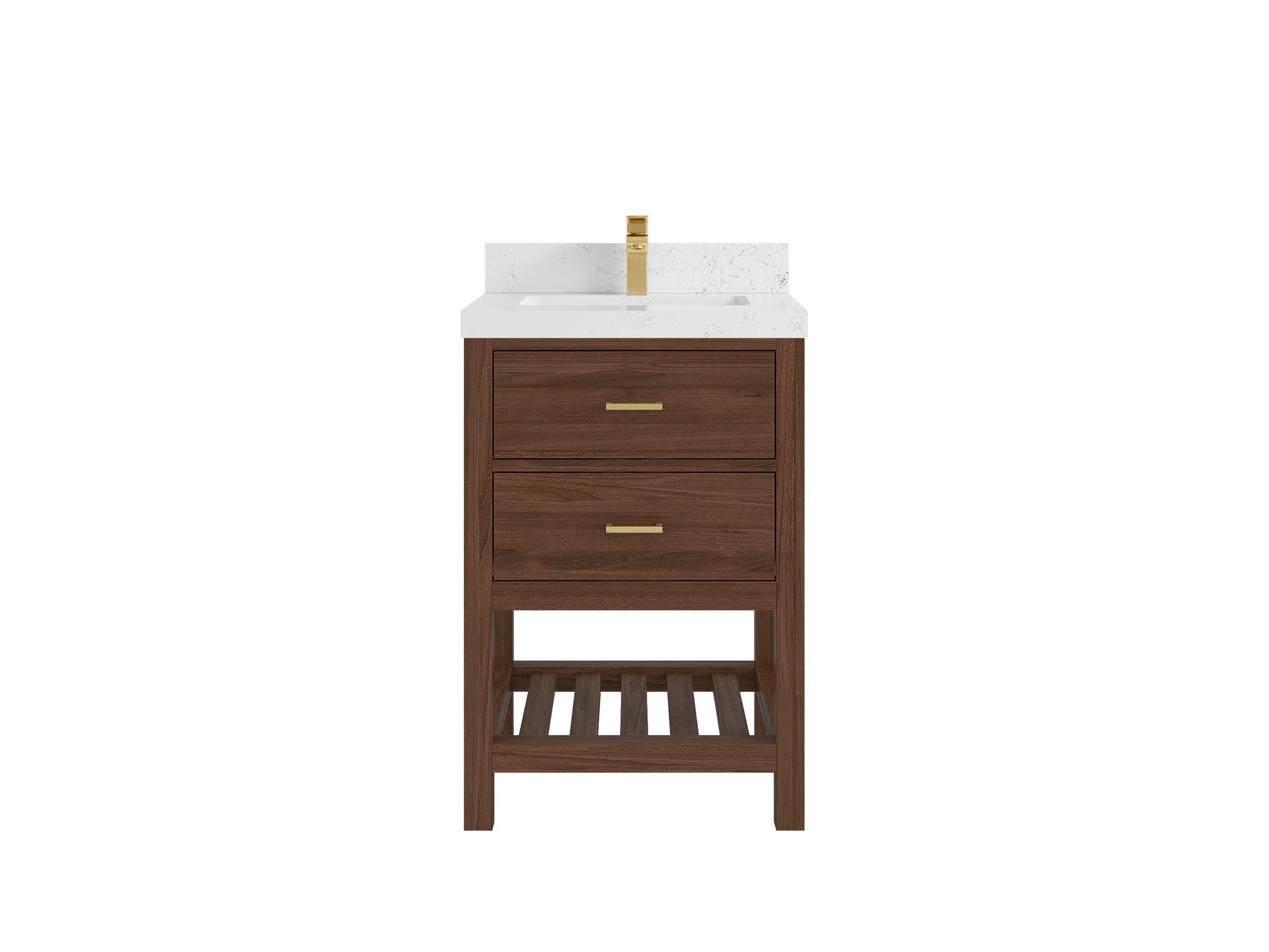 Parker Teak Wood 24-inch bathroom vanity in Dark Walnut Teak with Empira White Quartz countertop