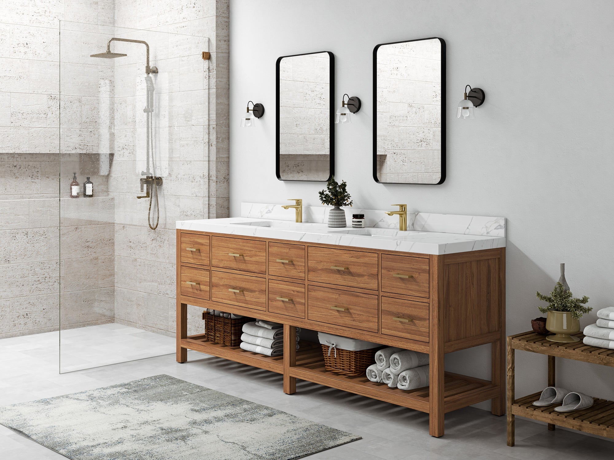 Parker Teak Wood 84 in. W x 22 in. D Double Sink Bathroom vanity with - Willow Bath and Vanity