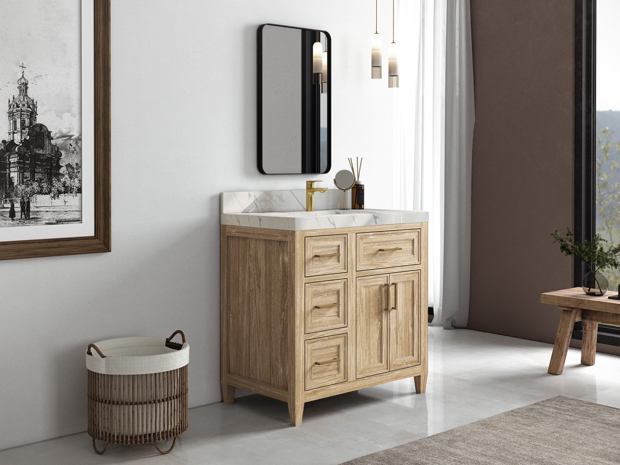 Santa Monica Teak Wood 36 in. W x 22 in. D Center Sink Bathroom Vanity - Willow Bath and Vanity