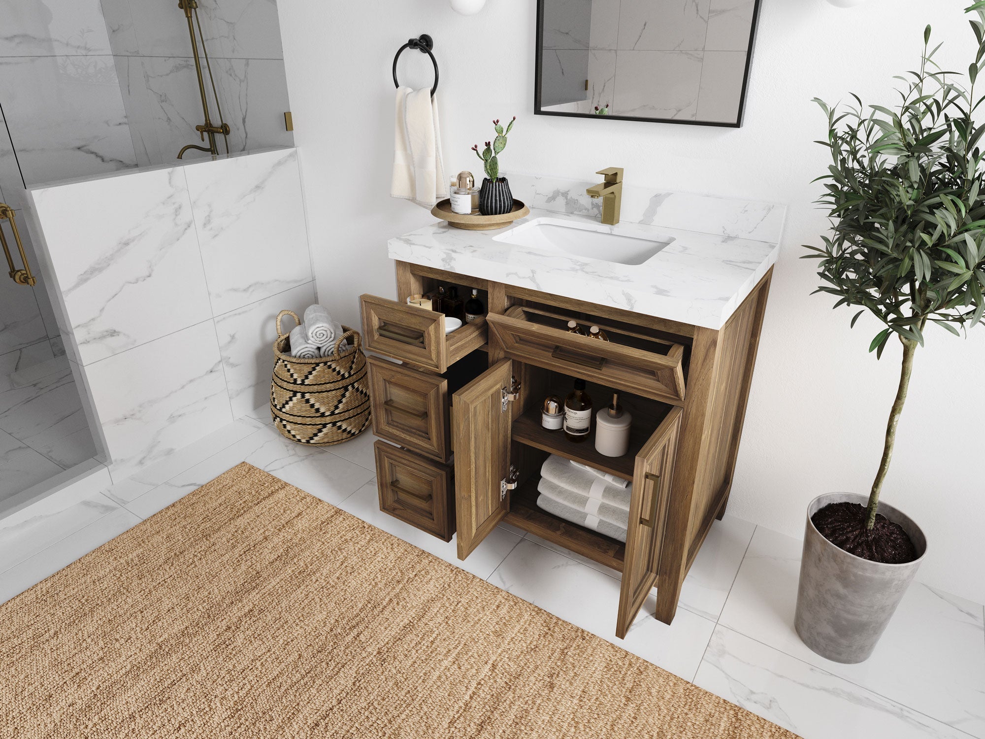 Santa Monica Teak Wood 36 in. W x 22 in. D Center Sink Bathroom Vanity - Willow Bath and Vanity