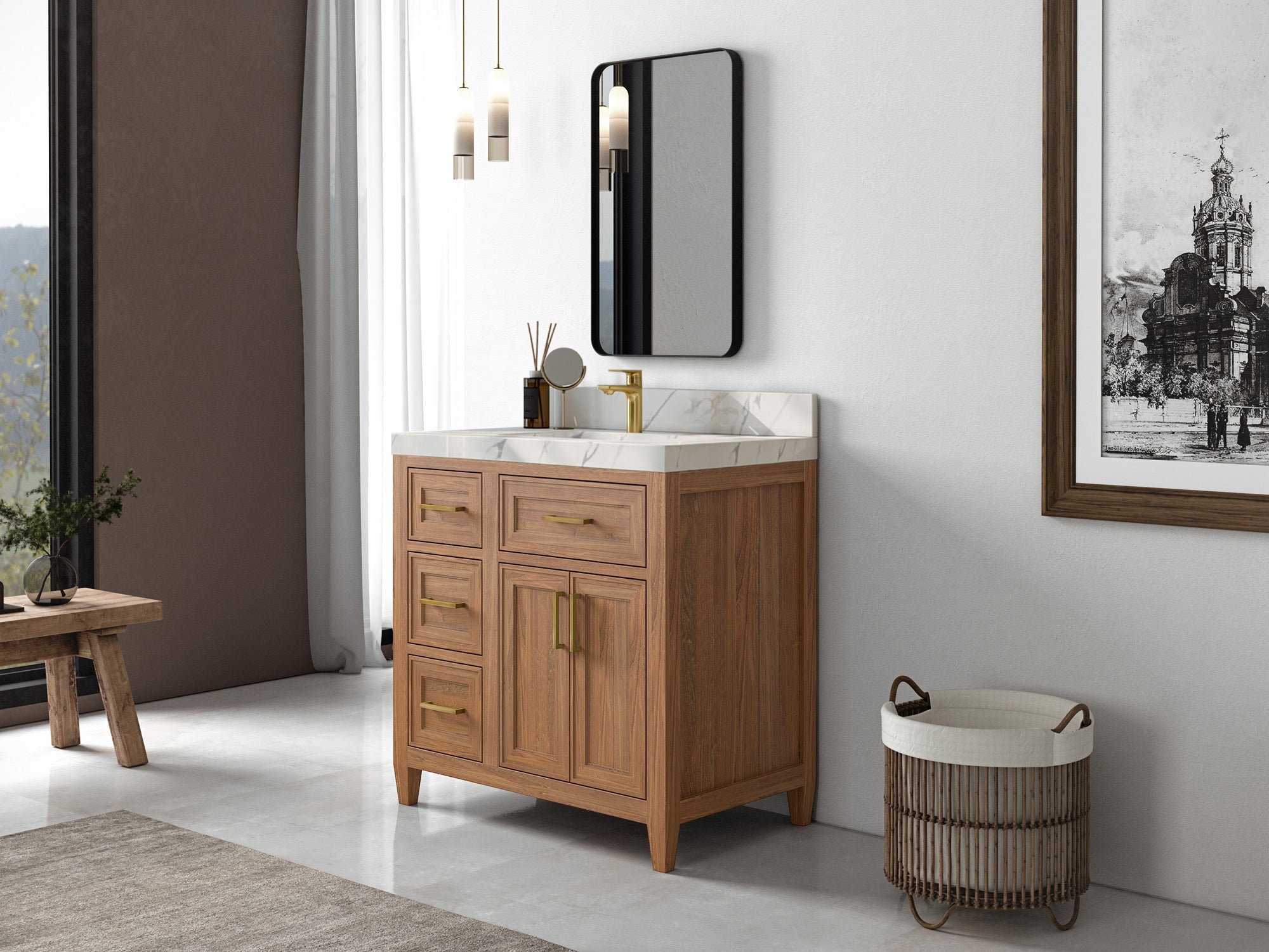 Santa Monica Teak Wood 36 in. W x 22 in. D Center Sink Bathroom Vanity - Willow Bath and Vanity