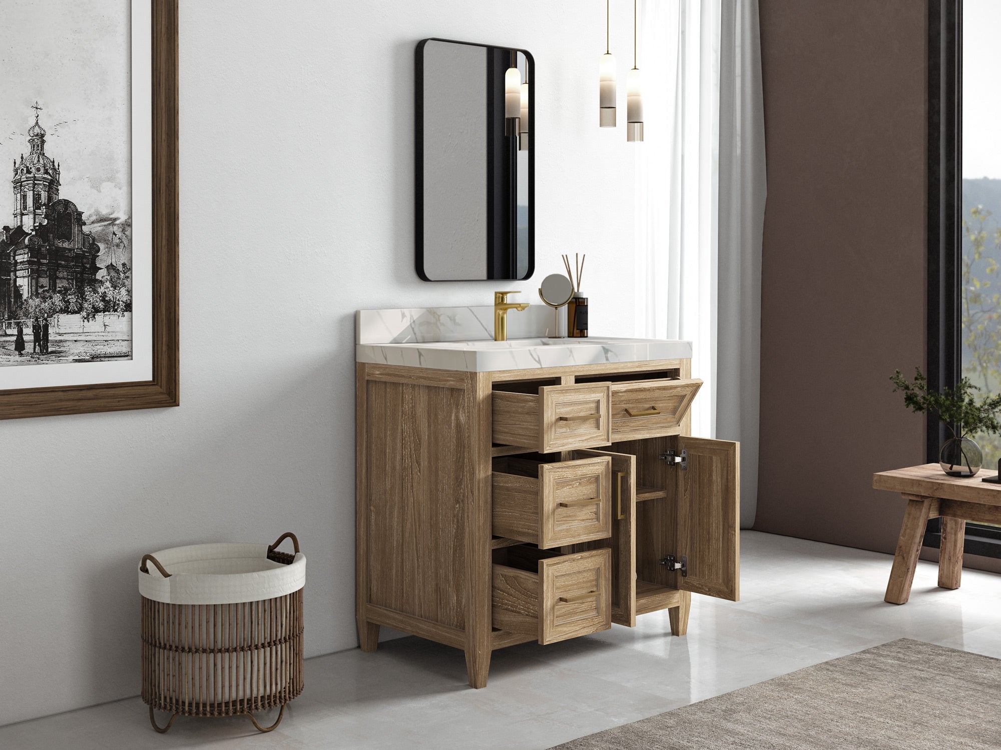 Santa Monica Teak Wood 36 in. W x 22 in. D Center Sink Bathroom Vanity - Willow Bath and Vanity