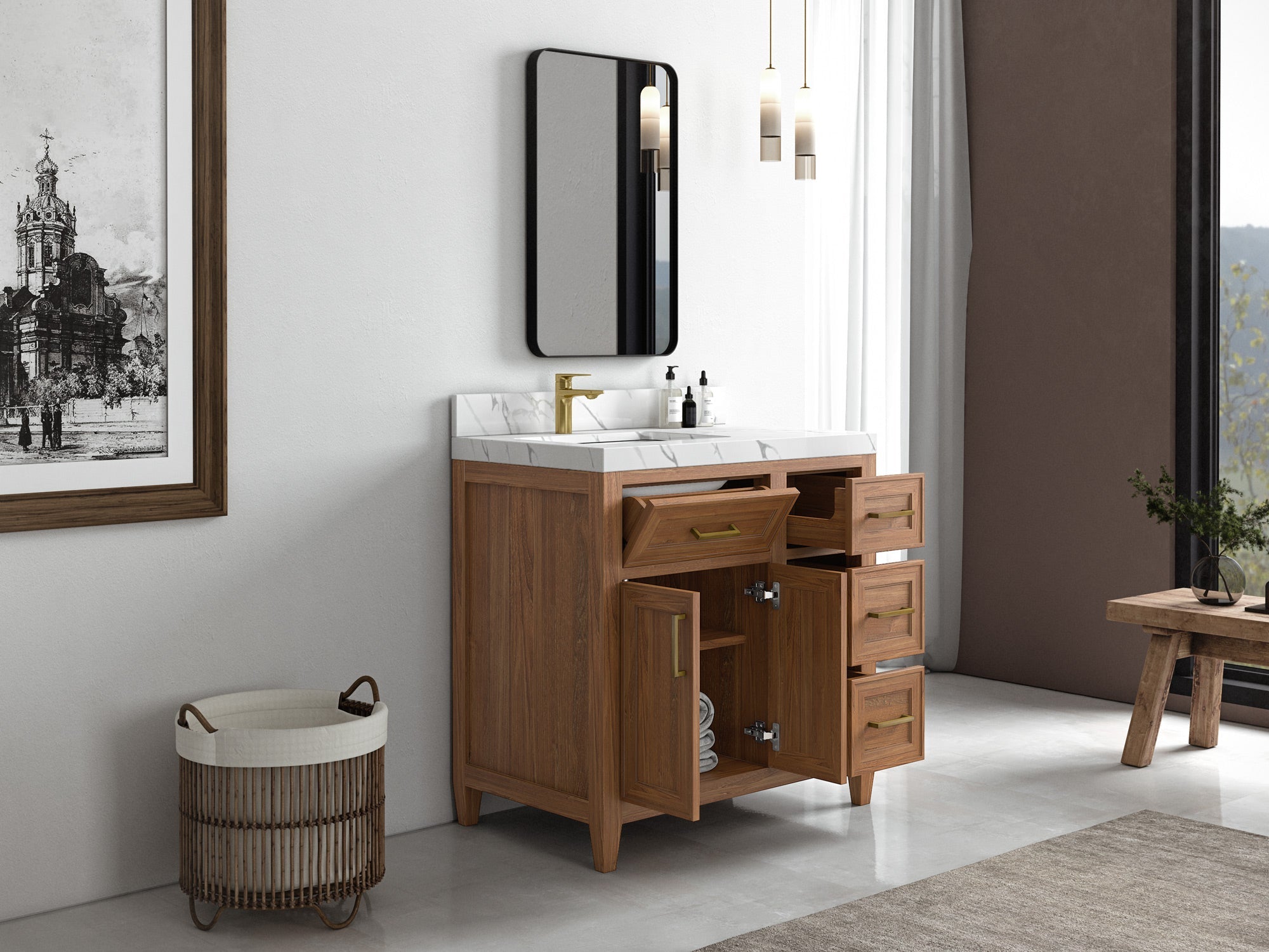 Santa Monica Teak Wood 36 in. W x 22 in. D Left Offset Sink Bathroom Vanity - Willow Bath and Vanity
