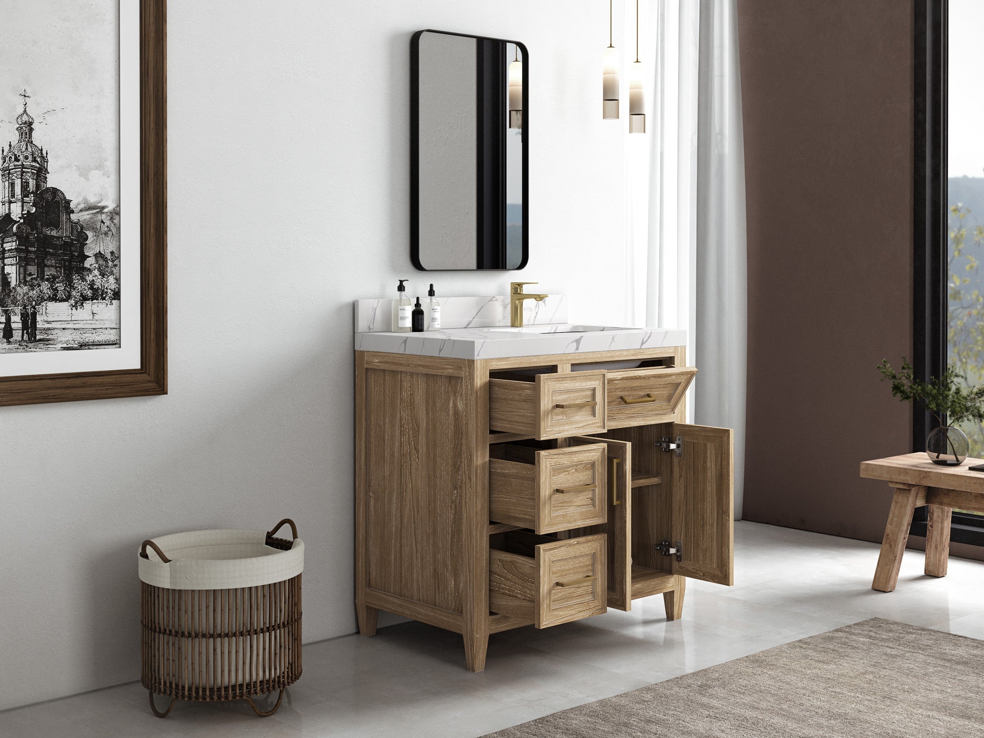 Santa Monica Teak Wood 36 in. W x 22 in. D Right Offset Sink Bathroom Vanity - Willow Bath and Vanity