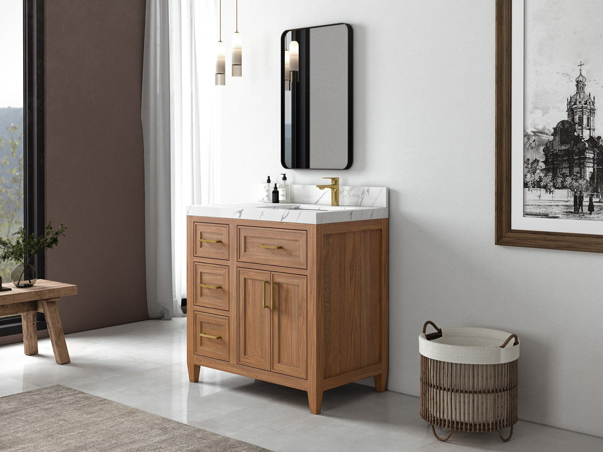 Santa Monica Teak Wood 36 in. W x 22 in. D Right Offset Sink Bathroom Vanity - Willow Bath and Vanity