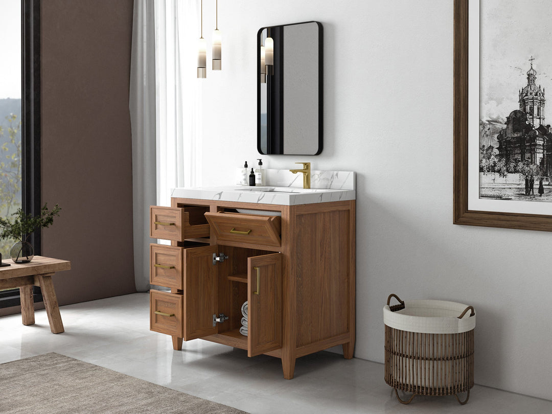Santa Monica Teak Wood 36 in. W x 22 in. D Right Offset Sink Bathroom Vanity - Willow Bath and Vanity