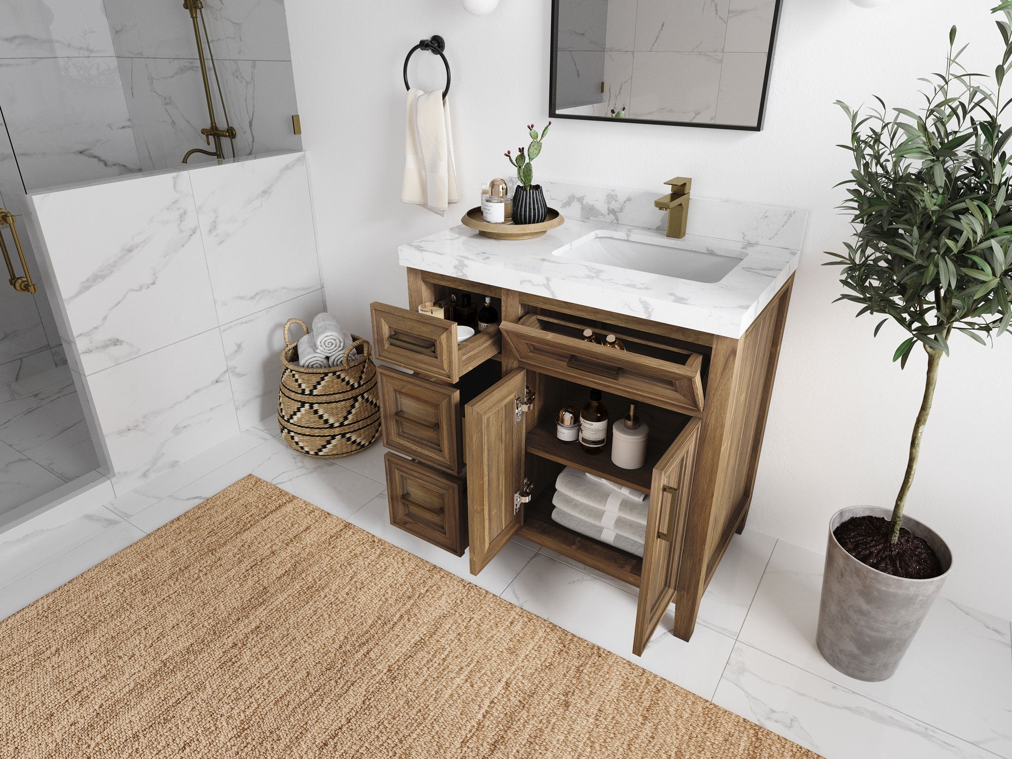 Santa Monica Teak Wood 36 in. W x 22 in. D Right Offset Sink Bathroom Vanity - Willow Bath and Vanity