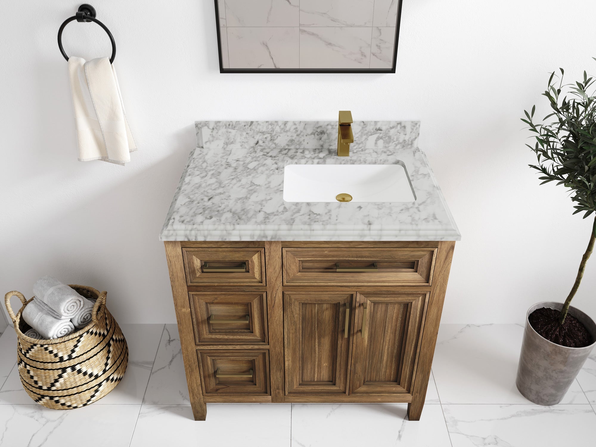 Santa Monica Teak Wood 36 in. W x 22 in. D Right Offset Sink Bathroom Vanity - Willow Bath and Vanity