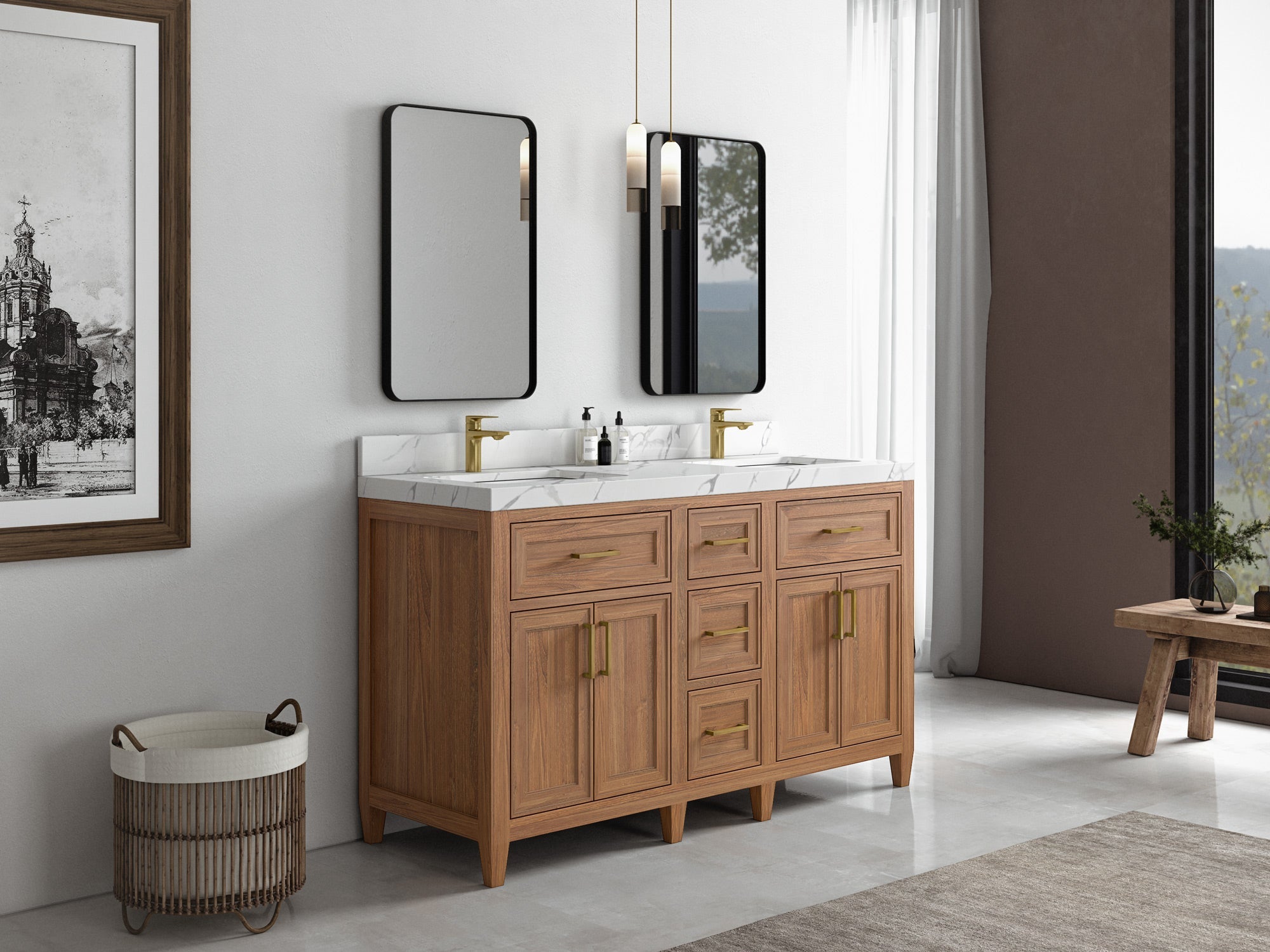 Santa Monica Teak Wood 60 in. W x 22 in. D Double Sink Bathroom Vanity - Willow Bath and Vanity
