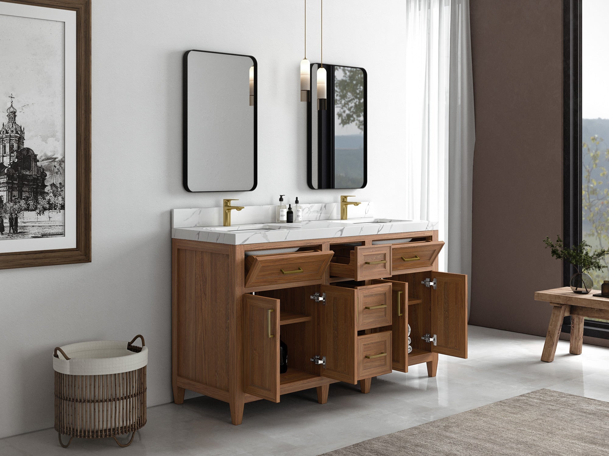 Santa Monica Teak Wood 60 in. W x 22 in. D Double Sink Bathroom Vanity - Willow Bath and Vanity