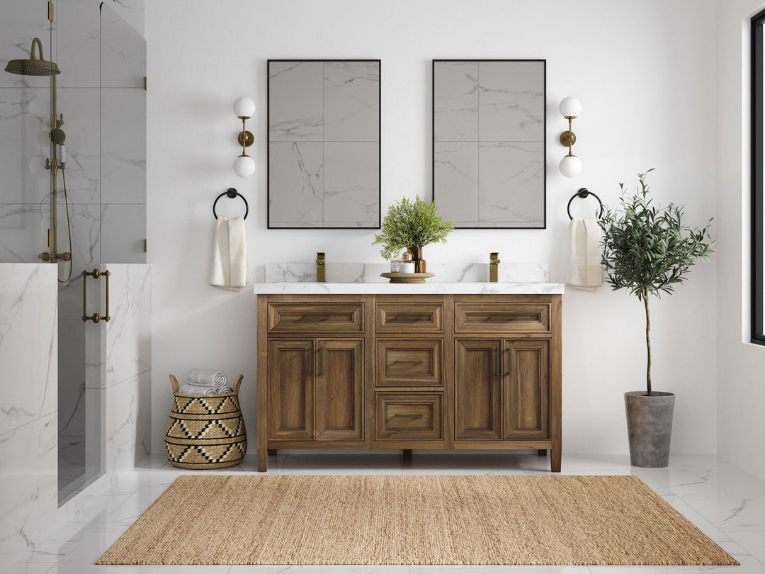 Santa Monica Teak Wood 60 in. W x 22 in. D Double Sink Bathroom Vanity - Willow Bath and Vanity
